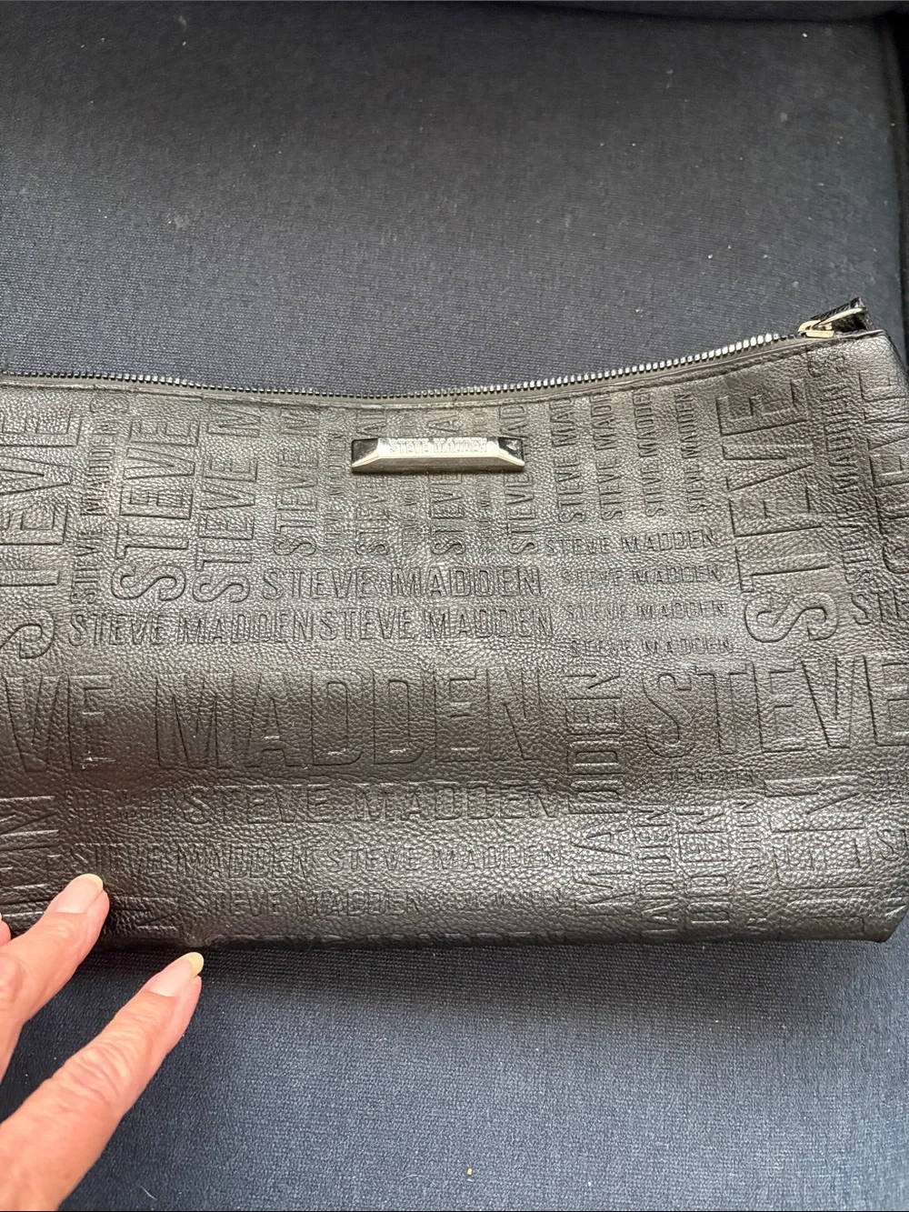 Steve Madden Black Embossed Logo Cosmetic Pouch with Gold Plaque